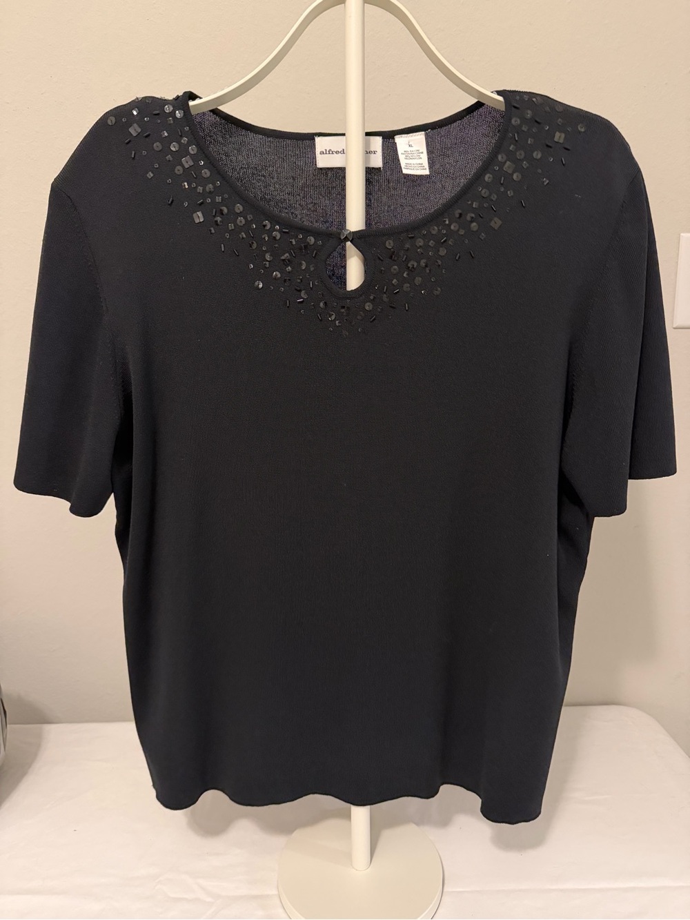 Alfred Dunner Black Short-Sleeve Top with Beaded Neckline